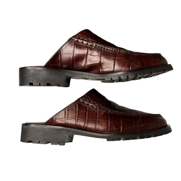 Talbots Slide Mules Sz 6.5 Brown Croc Embossed Leather Clog Chucky Rugged Soles - Picture 5 of 12